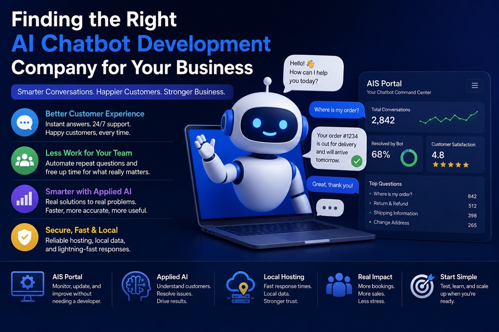 Business professional viewing an AI chatbot dashboard on laptop with floating cloud icon above.