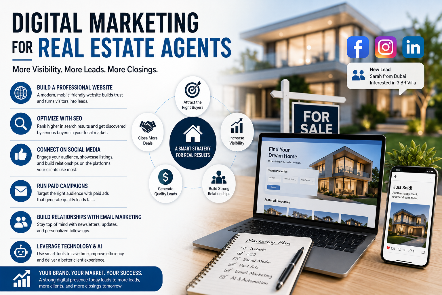 Real estate agent reviewing digital marketing dashboard on laptop. Website, SEO, social media, and email campaigns for property listings. Dubai real estate office.