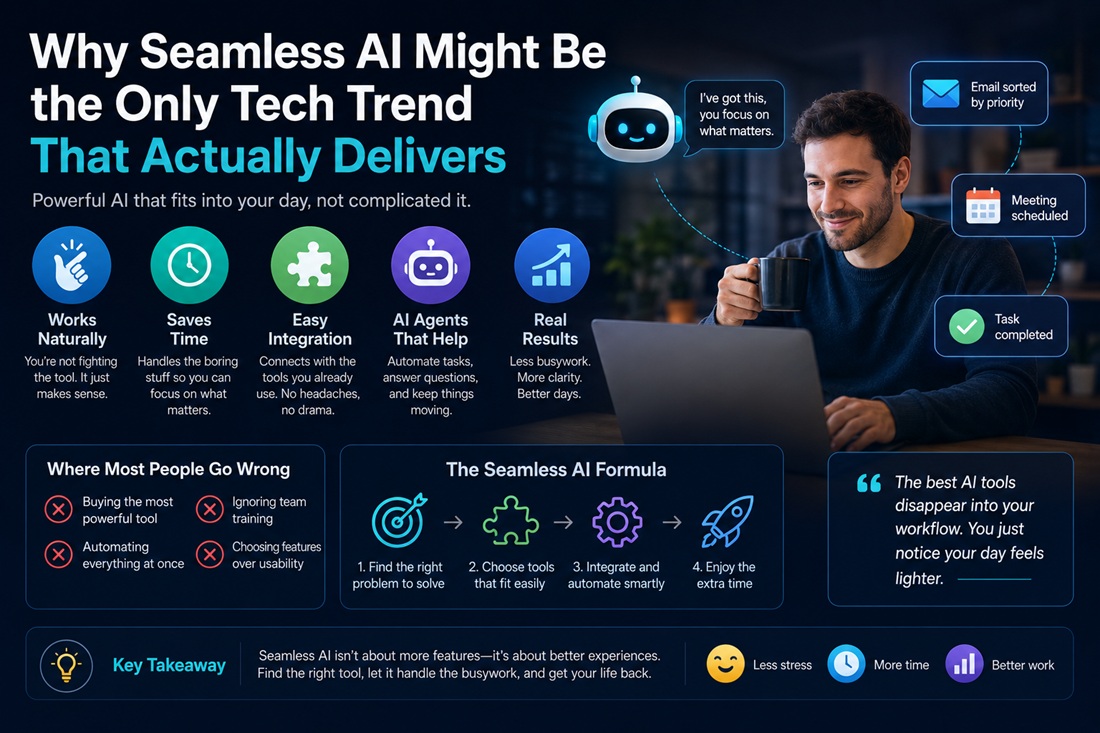 Person working peacefully with seamless AI icons floating above laptop. Clean desk. No stress.