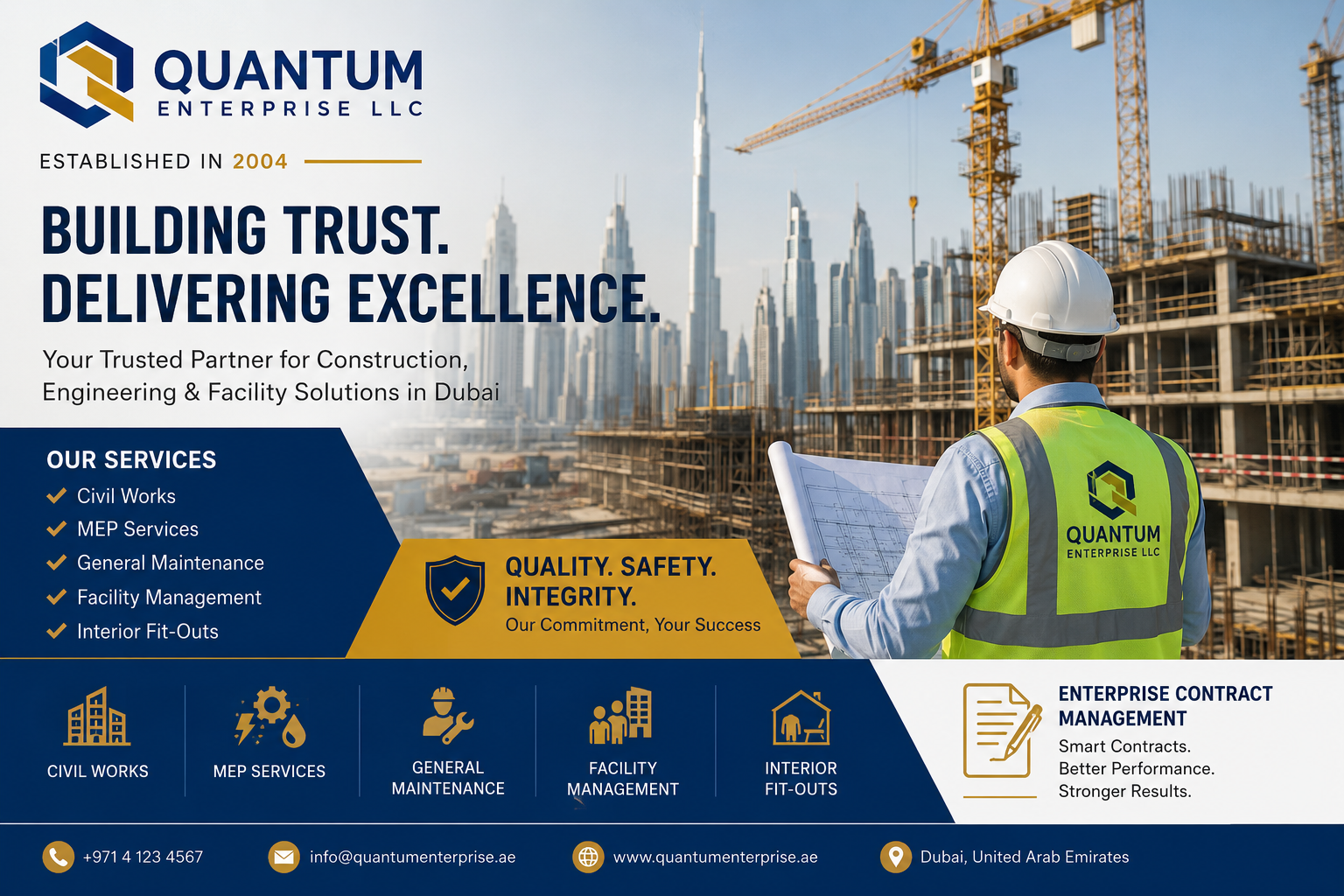 Quantum Enterprise LLC modern office building in Dubai. Professional engineers and project managers reviewing blueprints and construction plans. Dubai city view through windows.