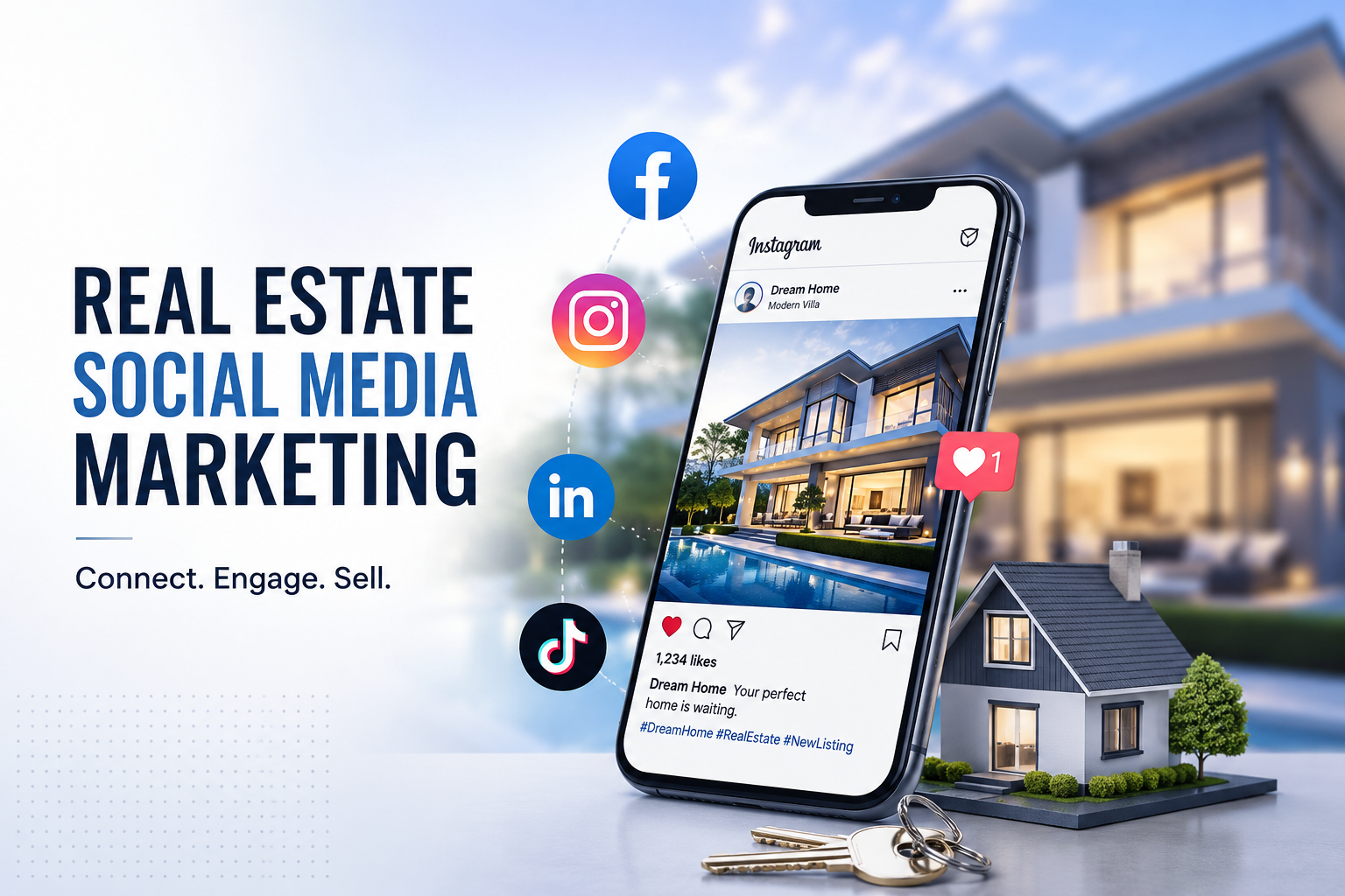 Real estate social media marketing agency creating content for property listings. Professional photography, video tours, and social media campaign planning. Dubai real estate office.