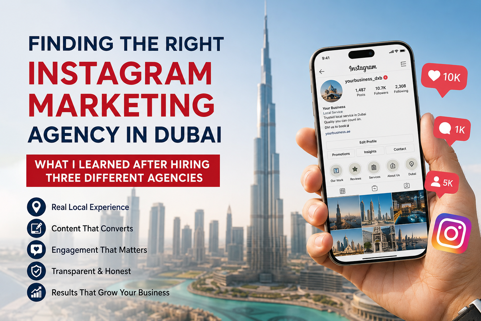 instagram marketing agency dubai business owner looking at Instagram analytics on phone