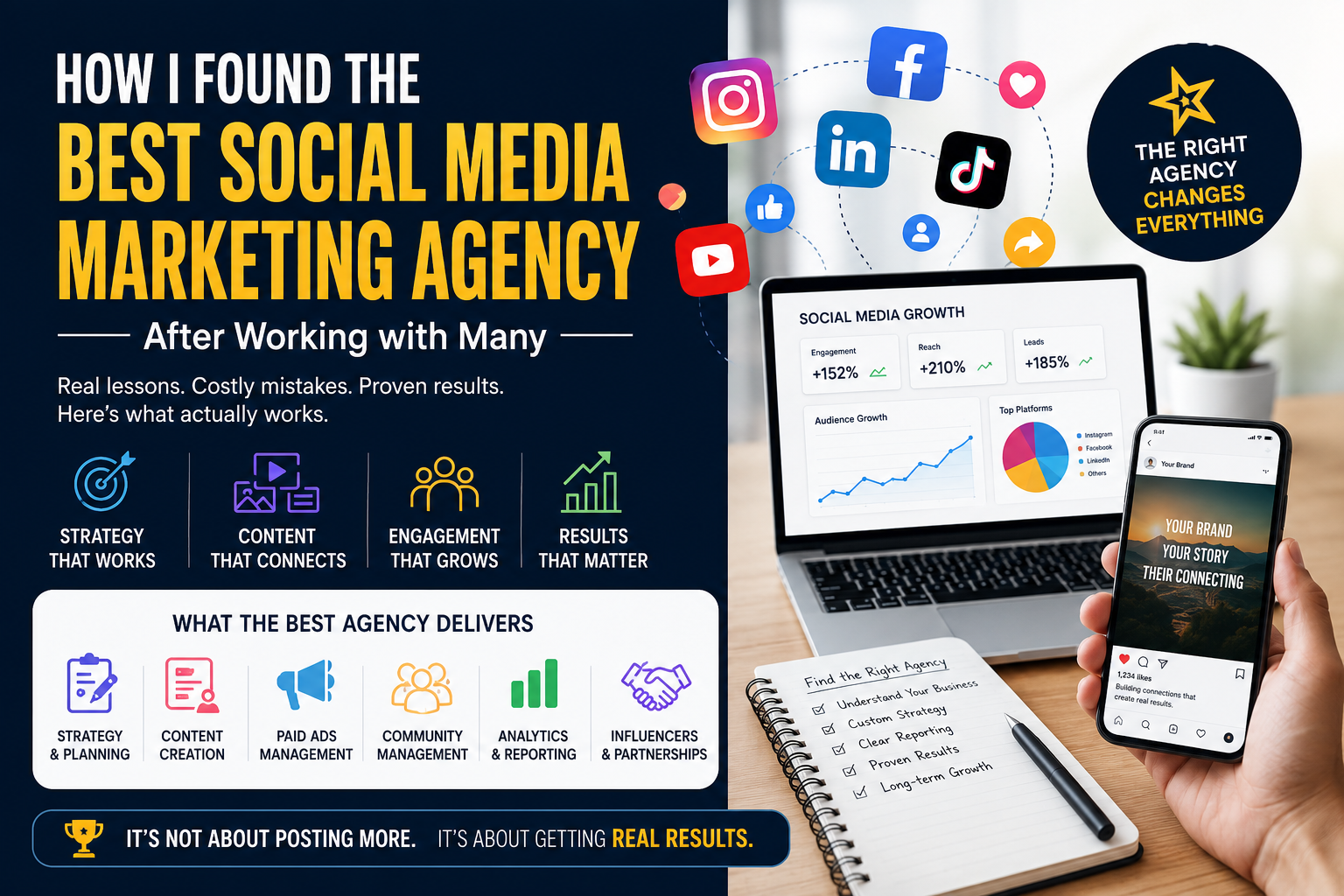A person holding three crumpled contracts from failed social media agencies. Looking relieved while pointing at a laptop showing successful campaign results with rising graph. Floating checkmark icons. Clean modern office. Dubai view outside.