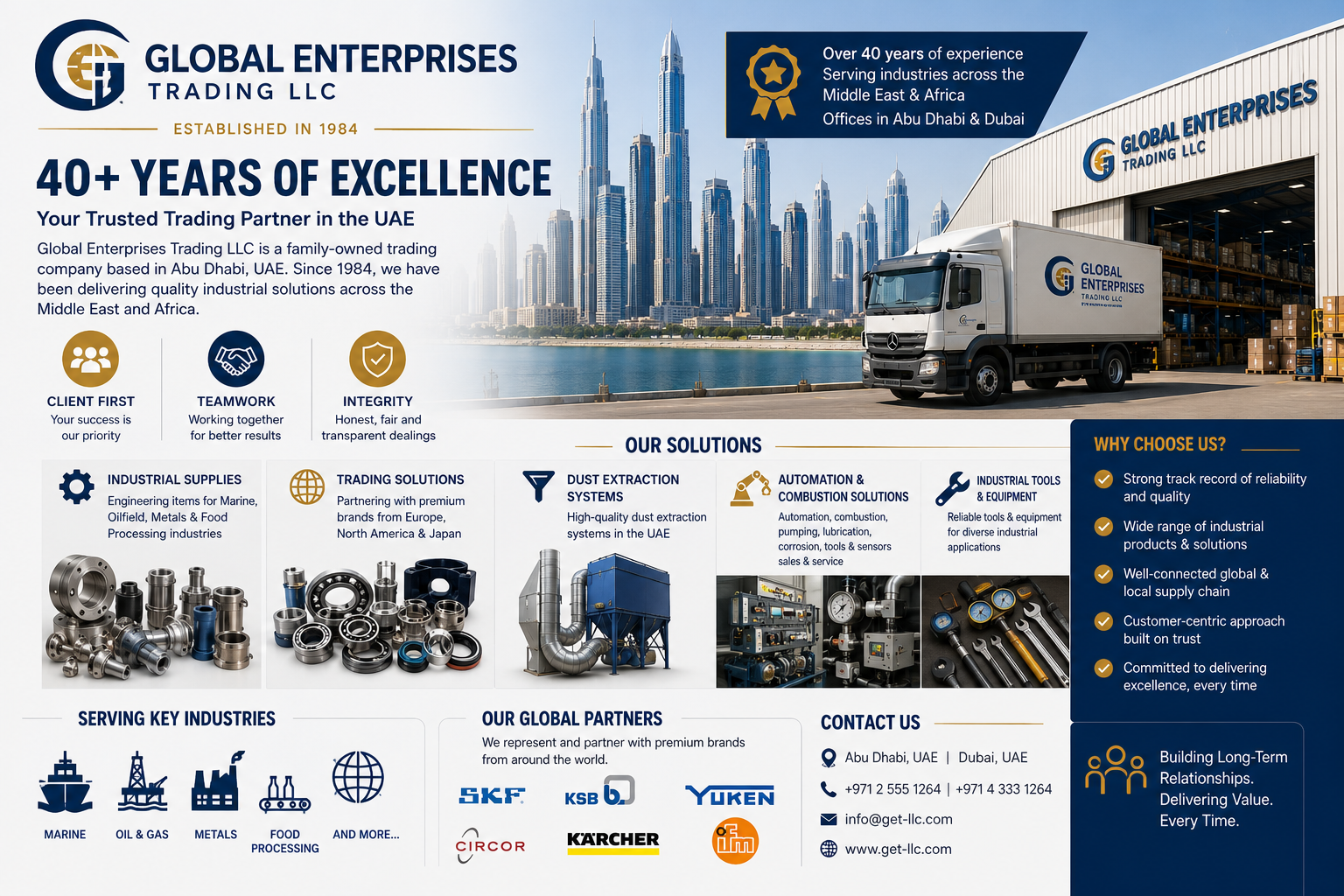 Global Enterprises Trading LLC office in Abu Dhabi with industrial equipment and trading operations. Professional team. Dubai and UAE business environment.