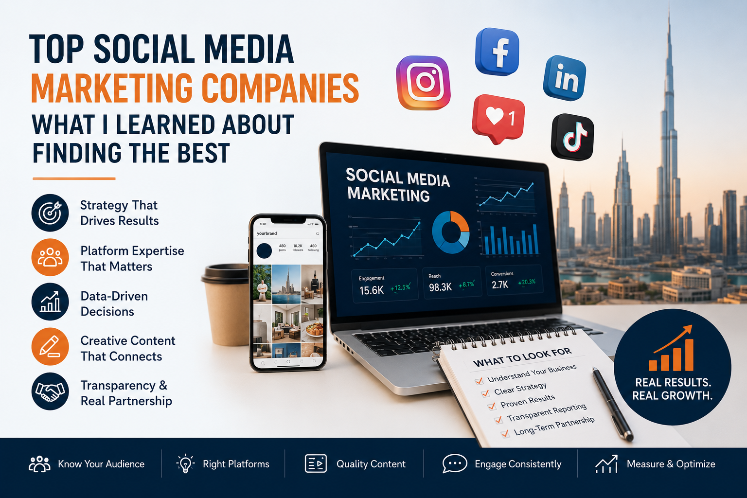 Professional at desk with laptop showing social media growth. Three crumpled contracts in bin. Dubai skyline background.