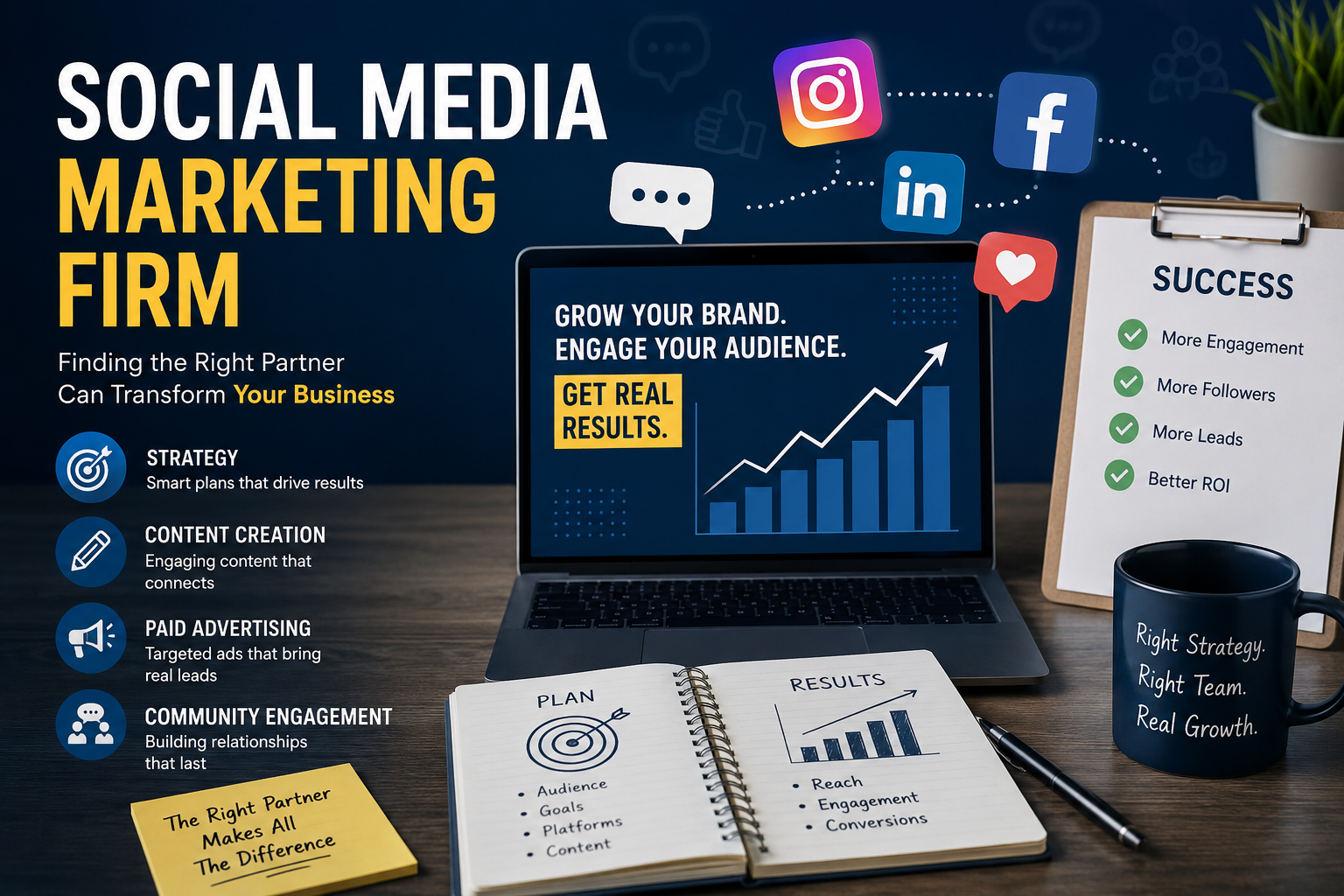 Professional at desk with laptop showing social media growth. Three crumpled contracts in bin. Dubai skyline background.