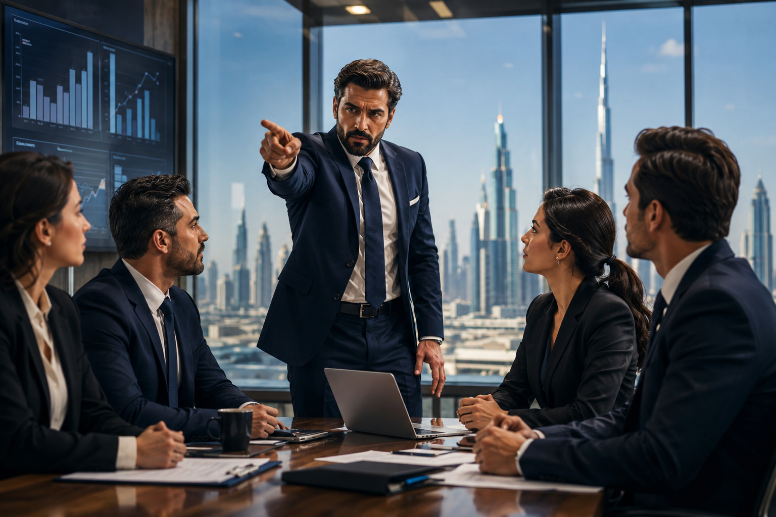 Autocratic leadership style showing a confident leader giving commands to a team. Command-and-control management in a modern office. Dubai business setting.