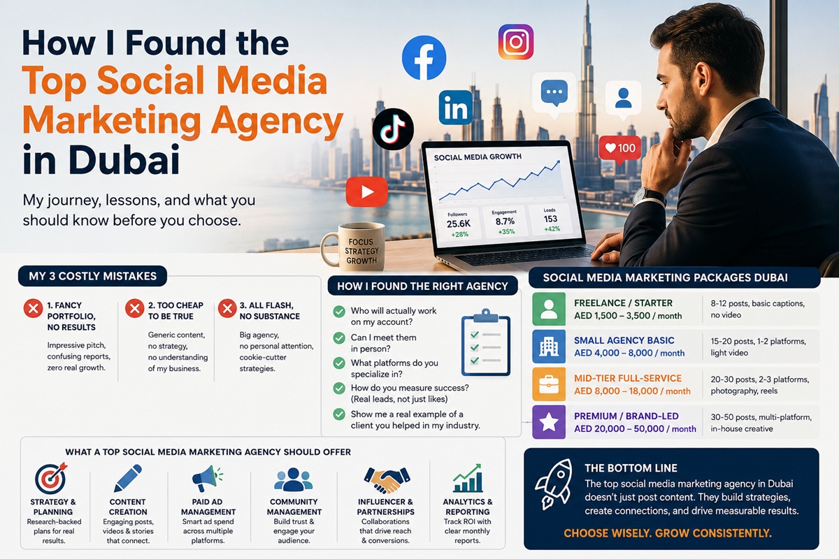 Professional at desk with laptop showing social media growth. Three crumpled contracts in bin. Dubai skyline background.