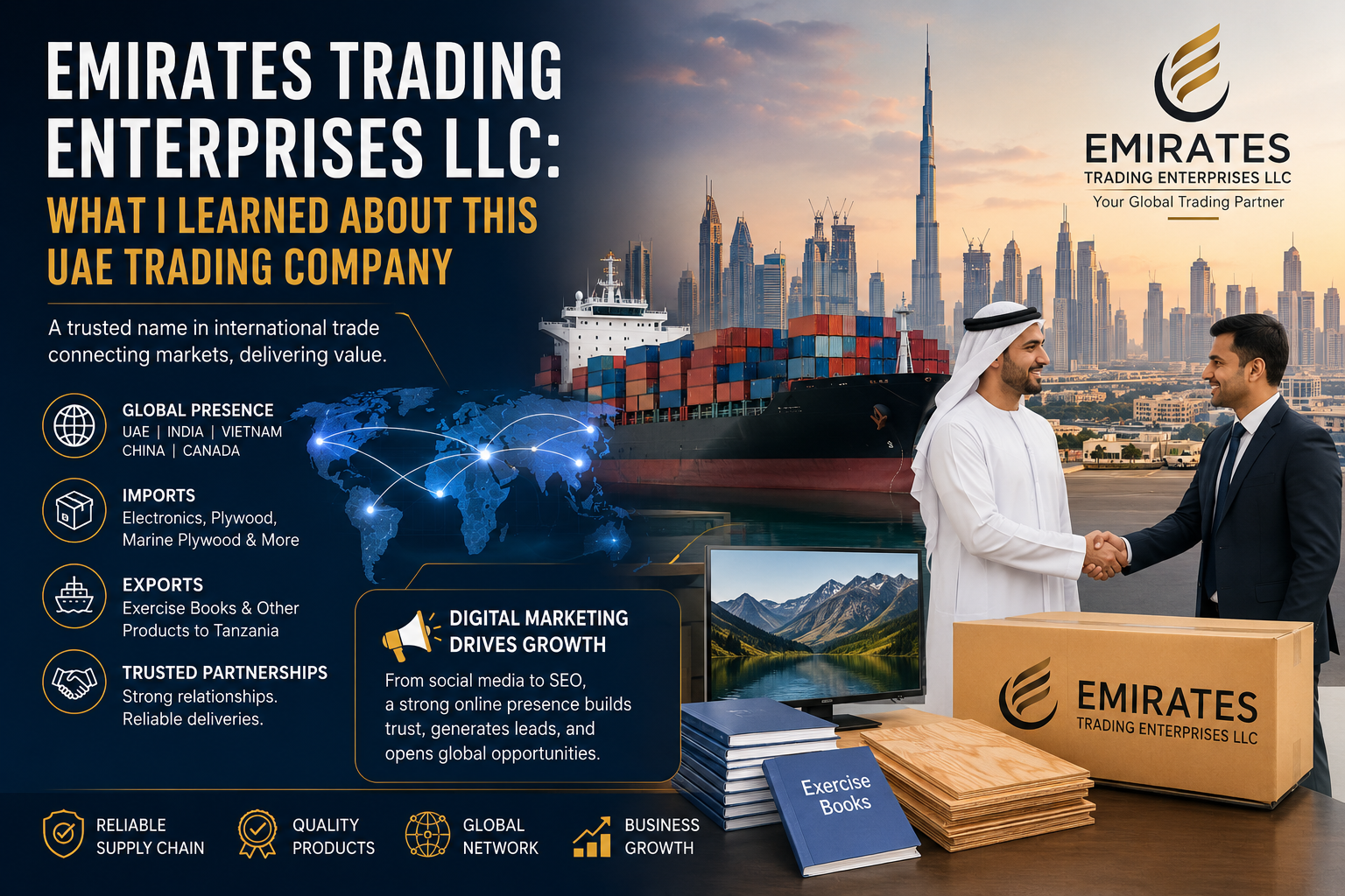 Emirates Trading Enterprises LLC global trading operations. Imports electronics and plywood. Exports exercise books to Tanzania. UAE trading company.